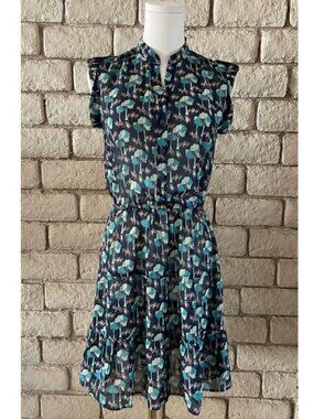 GAP Sleeveless Chiffon Mini Dress - Navy & Green Fox/Tree Print - Size XS